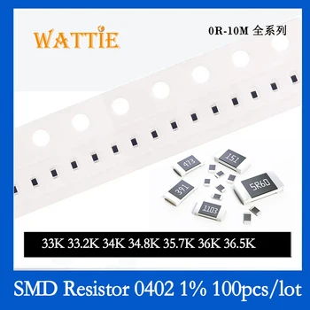 SMD резистор 0402 1% 33K 33.2K 34K 34.8K 35.7K 36K 36.5K 100 шт./лот микросхемные резисторы 1/16 Вт 1.0 мм* 0.5 мм