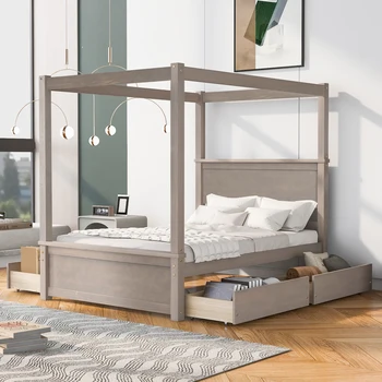 Деревянная кровать с балдахином и четырьмя выдвижными ящиками, полноразмерная кровать-платформа с балдахином и поддерживающими рейками.Пружинный блок не требуется, матовый светло-коричневый