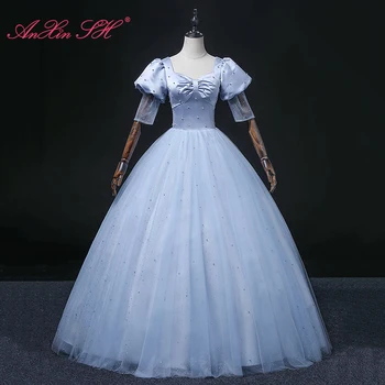 AnXin SH принцесса синий атлас милая бисероплетение жемчуг с пышными рукавами вечернее бальное платье невесты голубое кружевное вечернее платье