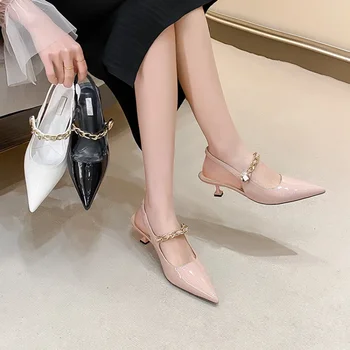 Мэри Джейн сандалии Женские 2023 Весна новые модные остроносые туфли мелкая рот женской цепочки тонкие каблуки сексуальные высокие каблуки