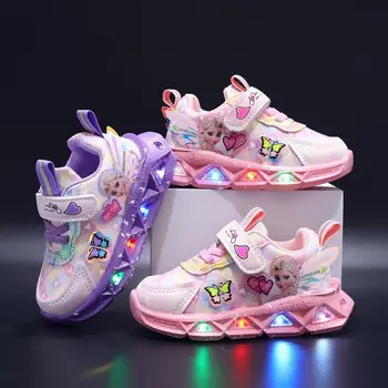 Повседневные кроссовки Disney со светодиодной подсветкой; Весенняя обувь из искусственной кожи с принтом принцессы Эльзы для девочек; детская нескользящая розово-фиолетовая обувь с подсветкой;