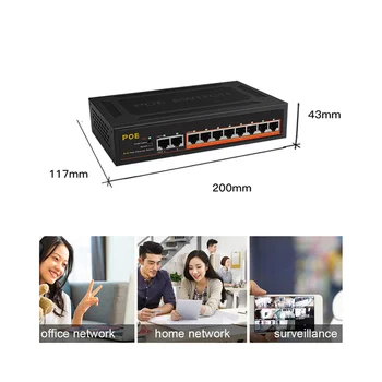 Коммутатор POE с 10 портами, интеллектуальный коммутатор Ethernet со скоростью 100 Мбит/с, 8 PoE + 2 восходящих канала, концентратор домашней сети для офиса, адаптер для IP-камеры-штепсельная вилка ЕС