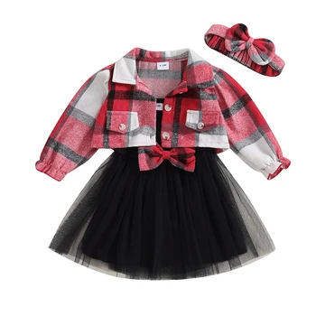 KMBANGI/ Осенняя одежда для маленьких девочек из 3 предметов, тюлевое платье без рукавов, укороченный жакет в клетку, рубашка, пальто, комплект с повязкой на голову, одежда для младенцев