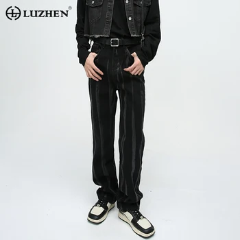 Мужские повседневные джинсы LUZHEN в Корейскую Стильную Контрастную Полоску 2023 года, Новые Тонкие Прямые Модные Джинсовые брюки с галстуком-краской, Дизайн 0c7e5e