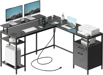 Реверсивный компьютерный стол SUPERJARE с розетками и картотекой, L-образный стол с подставкой для монитора и полками для хранения,