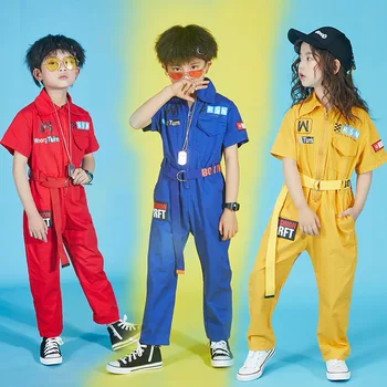Классная детская одежда в стиле хип-хоп с коротким рукавом, Синий, красный, свободный комбинезон, Комбинезоны для девочек, мальчиков, костюмы для джазовых танцев, Одежда для танцев