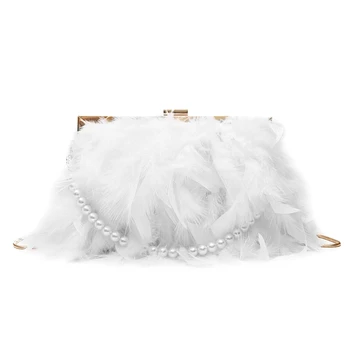 Сумочка из белого пера, изысканный женский вечерний клатч, жемчужная цепочка, свадебная сумка на плечо для новобрачных, сумка для банкета, сумка-тоут