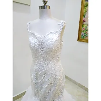 Бретельки Spahgetti, Расшитое жемчугом, Сшитое на заказ свадебное платье из тюля, Белое свадебное платье в русалку на молнии, в полный рост, большого размера