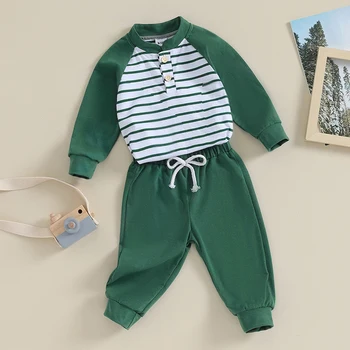 Одежда Для новорожденных мальчиков и девочек, Полосатый Комбинезон с длинными рукавами, Штаны для бега трусцой, 2 предмета зимней весенней одежды, 2 предмета в комплекте