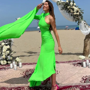 Ярко-зеленое шифоновое вечернее платье с длинным рукавом на одно плечо длиной до щиколоток, сексуальные платья Макси для пляжной вечеринки, сшитое на заказ платье для выпускного вечера