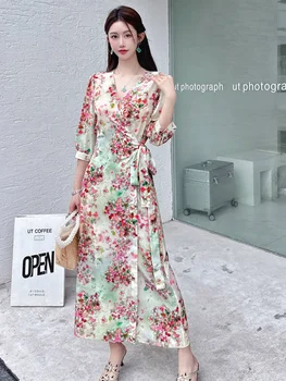 Высококачественное платье из натурального шелка во французском стиле для женщин 2023, летнее новое модное платье с принтом на поясе 91680