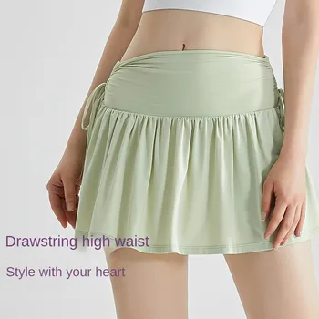 Летняя юбка для йоги, поддельная двухсекционная плиссированная спортивная юбка на шнурке с антибликовым покрытием, ледяная шелковая крутая теннисная юбка, спортивная юбка, юбка для спортзала
