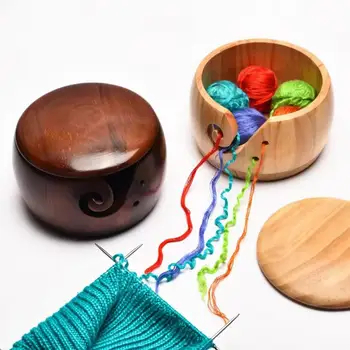 Деревянная чаша для пряжи ручной работы с крышкой, прочная чаша для вязания крючком с спирально-открытым дизайном для организованного вязания