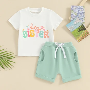 Летняя одежда для маленьких девочек, толстовка с цветочным принтом и буквенным принтом, Футболка, короткий комплект, комплект детской одежды из 2 предметов