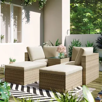 Мебель для патио, садовый стул, стол из 5 предметов, секционный диван из ротанга, коричневый, бежевый, Свободная комбинация размещения