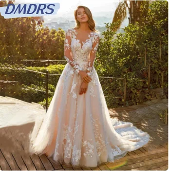 Скромный халат невесты с круглым вырезом и длинным рукавом, элегантное длинное свадебное платье трапециевидной формы, классические кружевные аппликации, свадебное платье Robe De Mariée