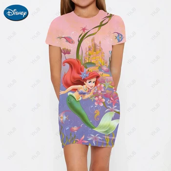 Лето 2023, новое повседневное платье принцессы Диснея Русалки с мультяшным принтом, облегающее платье с круглым вырезом, праздничное платье для девочек
