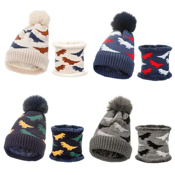 Комплект детской шапки и шарфа Blotona с принтом динозавра, зимняя вязаная шапочка и шарф в виде круга для маленьких мальчиков, аксессуары для холодной погоды