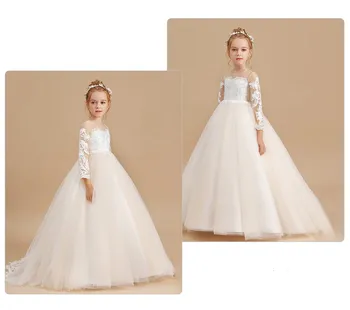 Банкетное платье для девочек, детская одежда, белая свадебная детская одежда, невидимый вырез, аппликация для девочек, платья с длинными рукавами