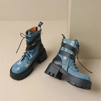 2023 Новые осенние женские ботинки, обувь на платформе с круглым носком, женские зимние ботинки, женские ковбойские сапоги с пряжкой на ремне, сапоги в западном стиле