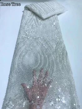 Белые Роскошные Бусины Кружевная Ткань Высококачественная Сетка Вышивка Аппликация Тюль Нигерийская Вечеринка Кружевные Ткани Для Новобрачных Свадьба
