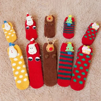 Семейные рождественские носки из кораллового бархата, нескользящие трехмерные мультяшные полотенца, Полувельветовые толстые теплые носки для сна