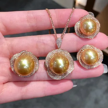 southsea 11-12 мм круглое жемчужное ожерелье с цветком циркона, серьги, кулон, кольцо, модное и продвинутое