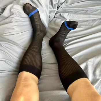 1 Пара мужских ультратонких прозрачных деловых носков летнего цвета в стиле пэчворк, Шелковистые Прозрачные Дышащие Длинные носки для мужчин