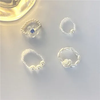 Коктейльное кольцо с имитацией белого жемчуга с камелией, расшитое бисером, Пластиковое Элегантное простое женское кольцо для вечеринки, свадьбы, модные украшения на заказ