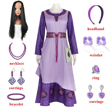 Косплей Костюм Movie Wish Asha Женское Фиолетовое Длинное платье Ожерелье Серьги Парик Полный комплект Маскарадное платье принцессы Аши для девочек на Хэллоуин