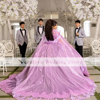Блестящие Фиолетовые Платья Vestidos De 15 Años Quinceanera С Открытыми Плечами И Аппликацией Из Блесток, Мексиканское Платье Для Девочек На День Рождения