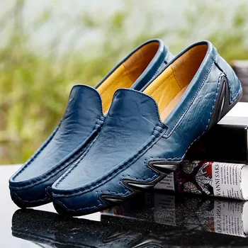 Летние Классические Синие Лоферы для Мужчин, Удобная Мужская Повседневная Кожаная обувь Без застежки, Дышащая Обувь на плоской подошве Размера 38-47, Мужские мокасины