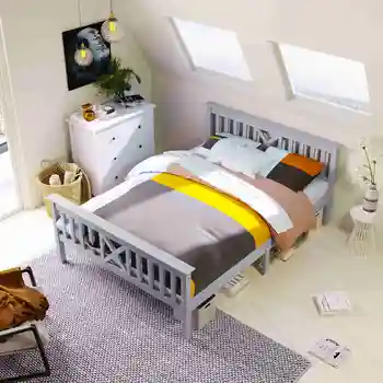 Деревянная кровать двуспальная кровать из каркаса кровати с решетчатым каркасом деревянная кровать с изголовьем-140x200 см массив твердой сосны серого цвета