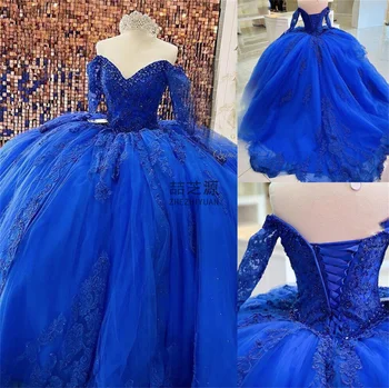 Реальные изображения Платья с длинными рукавами и открытыми плечами Королевского Синего цвета С Кружевными Аппликациями На шнуровке vestidos de 15 quinceañeras Quinceanera 2023