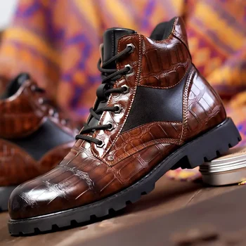 Новинка 2023 года, осенние мужские ботинки, кожаная повседневная обувь с высоким берцем, Модный клетчатый дизайн, мужские ботильоны на платформе, нескользящие