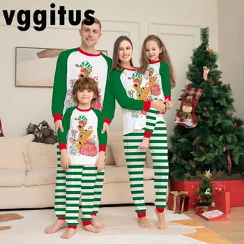 Одинаковые пижамы для всей семьи, рождественский домашний костюм в зеленую полоску с принтом в стиле пэчворк, свободные комплекты пижам для семьи из пяти человек H021