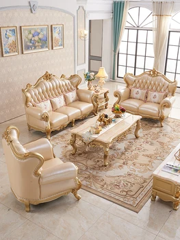 Сочетание кожи с диваном в европейском стиле, массив дерева, элитная мебель в американском французском стиле, мебель цвета шампанского и золота