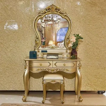 Дизайн Роскошного туалетного столика с желтыми ручками для хранения зеркал, туалетного столика, светильников для макияжа, мебели для спальни Tocador Maquillaje