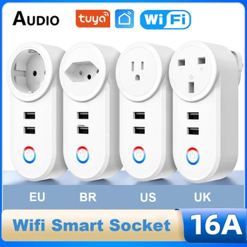 16A Умная Розетка Tuya WiFi С 2 USB-Адаптерами Для Зарядки ЕС, США, Великобритания, Бразилия, Израиль, Голосовое Управление через Alexa Google Home