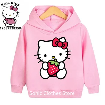 Толстовка Kawaii Hello Kitty с капюшоном, одежда для девочек, милая детская модная одежда для мальчиков, осенняя спортивная толстовка, детские топы