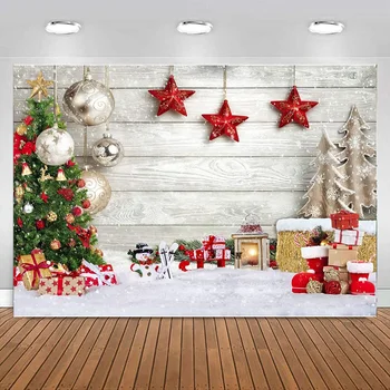 Фон для Счастливого Рождества Шары Белый деревянный пол звезды Фотосъемка вечеринки для фотостудии Фон Украшение баннера
