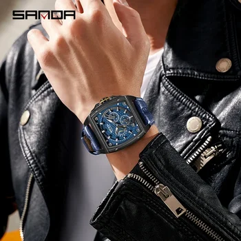2023 SANDA Новые кварцевые мужские часы с квадратным ремешком с тремя проушинами и шестиконечной шкалой Модные флуоресцентные мужские часы 5308