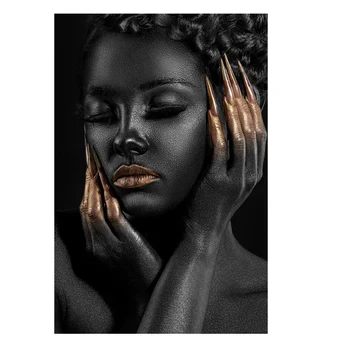 Черная рука и золотые губы обнаженной Африканки, картина маслом на холсте, плакаты и принты Cuadros, настенное искусство для гостиной