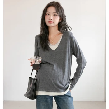 Весенне-осенняя одежда для беременных новый искусственный вязаный свитер из двух частей, майка в полоску плюс размер топа