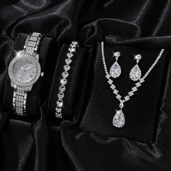 Комплект из 4 ПРЕДМЕТОВ, Роскошные часы, Женское ожерелье, серьги Со стразами, модные наручные часы, Женские повседневные женские часы, браслет, комплект Cloc
