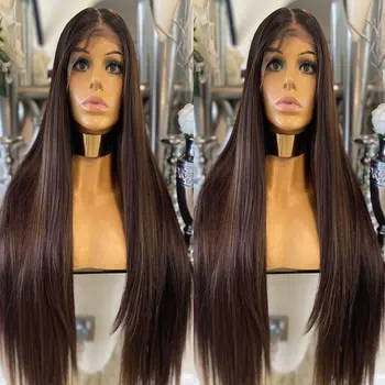Потрясающий темно-коричневый синтетический парик на кружеве спереди, Шелковистое Прямое Термостойкое волокно, натуральная линия роста волос, косплей для чернокожих женщин, парики