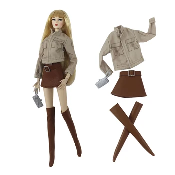 NK 1 комплект модной рубашки для ролевых игр милой куклы, комплект: топ + юбка + ботинки + сумка для куклы Барби, игрушка 
