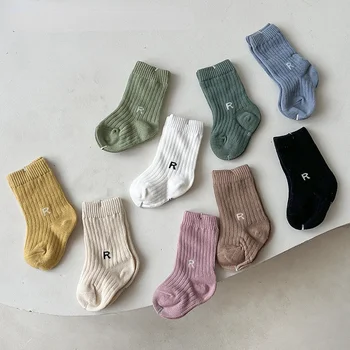 1 Пара Детских Носков Корейской Простоты, Однотонный Короткий Носок с Буквой R для Маленьких Мальчиков И Девочек, Весенне-Летний Хлопковый Носок для Детей