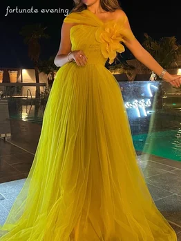 Удачный вечер, Элегантное Винтажное Милое желтое платье с рюшами и цветком на одно плечо, Трапециевидное вечернее платье для выпускного вечера, вечерние платья для вечеринок