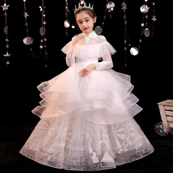 Платья для девочек, белое поступление, платье с цветочным узором, водолазка, вышивка, бальное платье принцессы для свадьбы